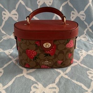 Coach Brown and Red Mini Bag with Strawberry Print